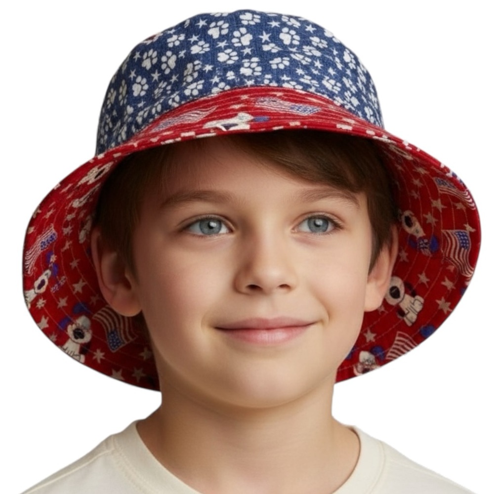 20" Kids Reversible Surfing/ Patriotic Dog Print Bucket Hat Hand Crafted